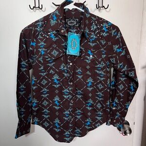Girls Cowgirl Hardware Brown Teal Western Shirt Sz M